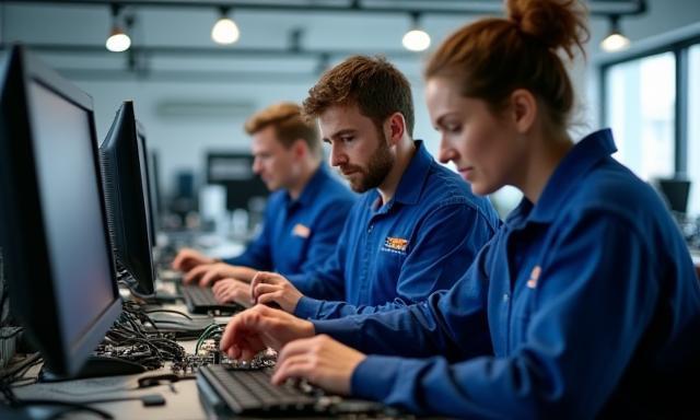L’équipe Répar’Tech Solutions au travail, atelier moderne